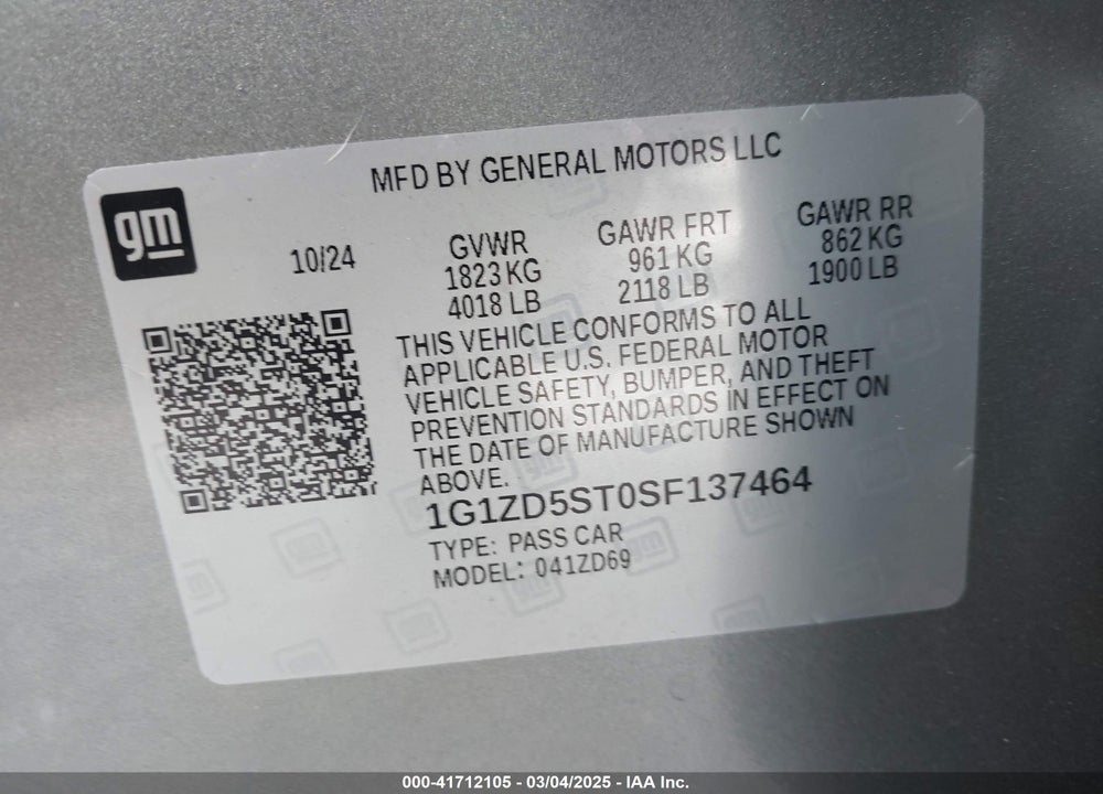 2025 CHEVROLET MALIBU VIN: 1G1ZD5ST0SF137464