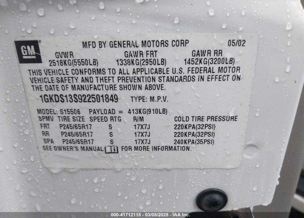 2002 GMC ENVOY SLT VIN: 1GKDS13S922501849