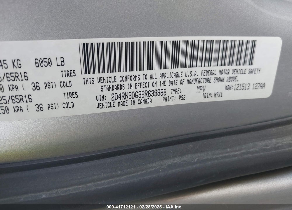 2011 DODGE GRAND CARAVAN MAINSTREET VIN: 2D4RN3DG3BR639888