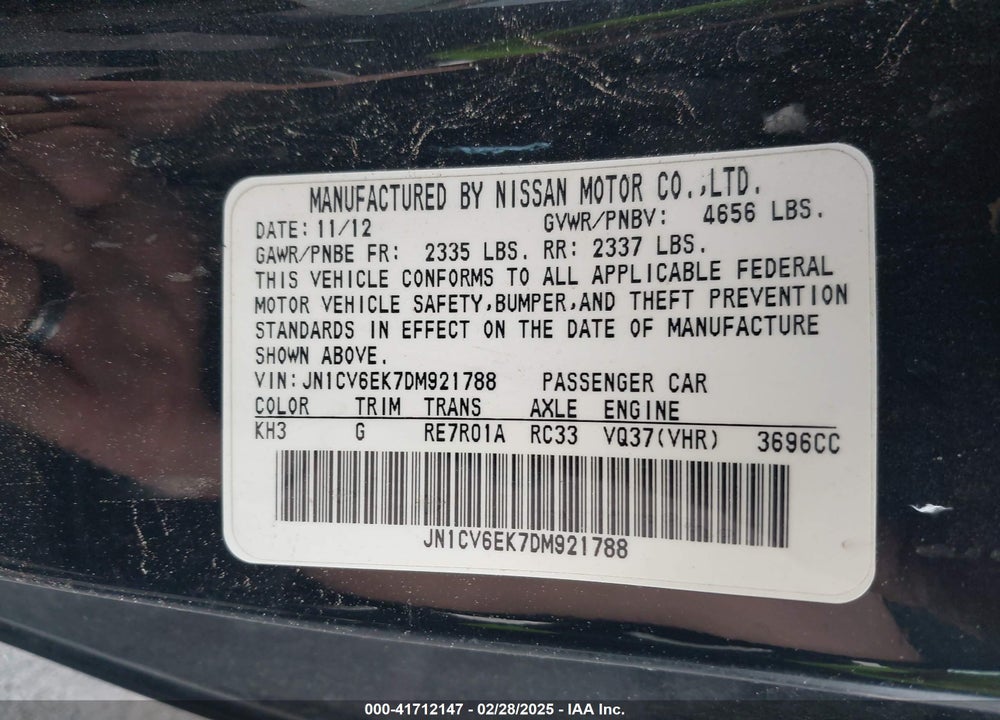 2013 INFINITI G37 VIN: JN1CV6EK7DM921788