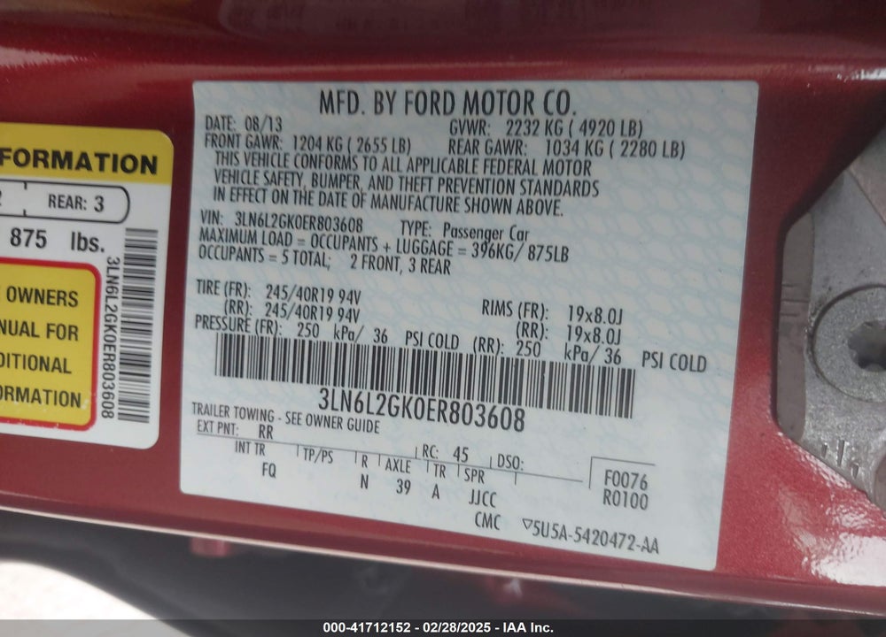 2014 LINCOLN MKZ VIN: 3LN6L2GK0ER803608