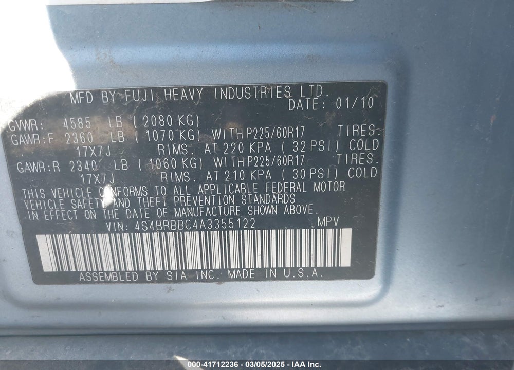 2010 SUBARU OUTBACK 2.5I PREMIUM VIN: 4S4BRBBC4A3355122