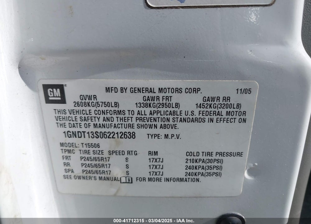 2006 CHEVROLET TRAILBLAZER LT VIN: 1GNDT13S062212638