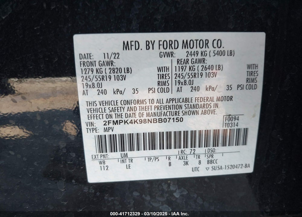 2022 FORD EDGE VIN: 2FMPK4K98NBB07150