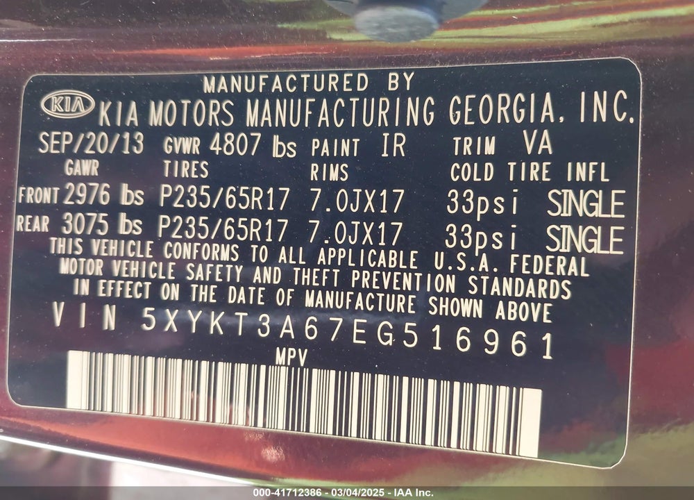 2014 KIA SORENTO VIN: 5XYKT3A67EG516961