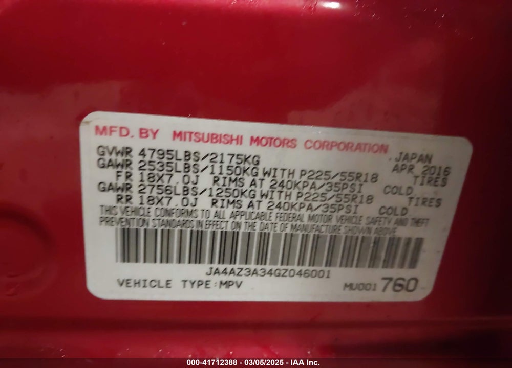 2016 MITSUBISHI OUTLANDER VIN: JA4AZ3A34GZ046001