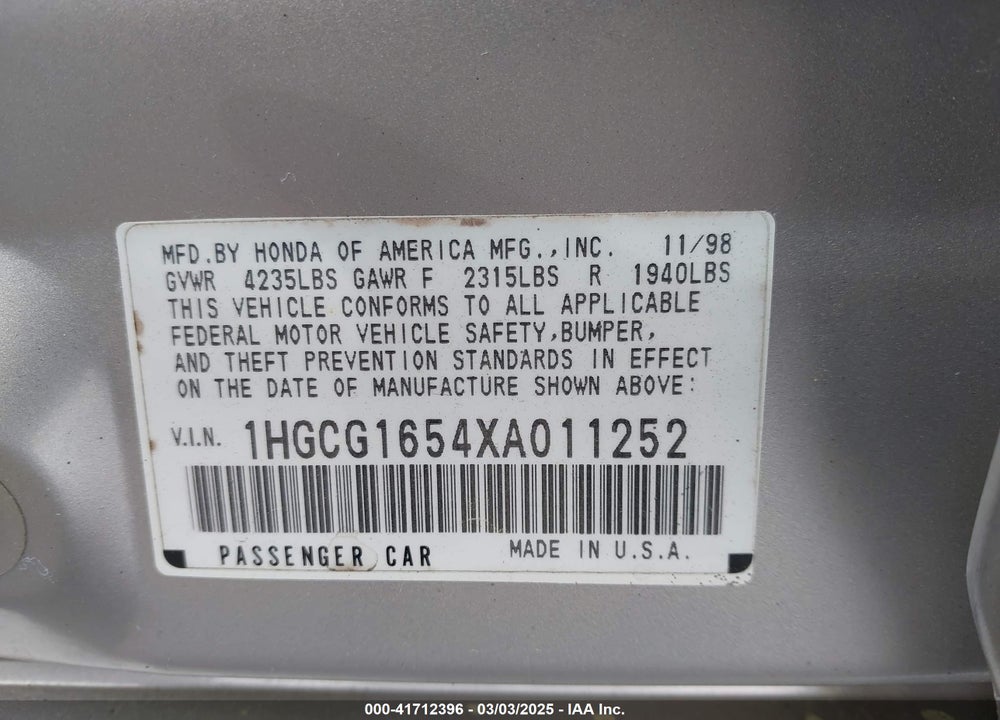 1999 HONDA ACCORD VIN: 1HGCG1654XA011252