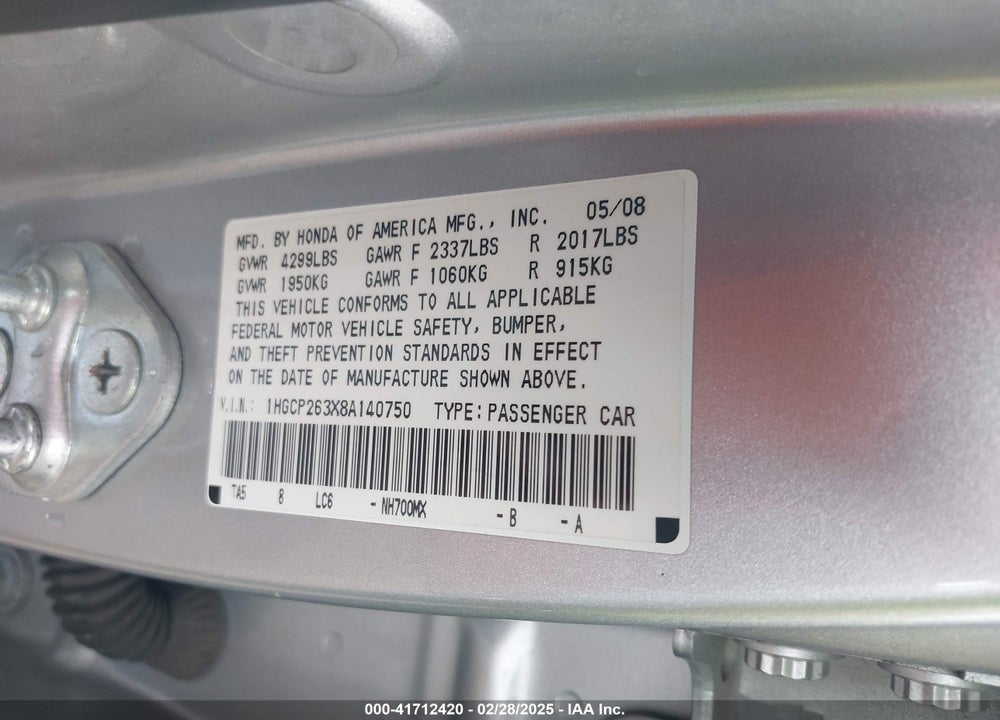 2008 HONDA ACCORD 2.4 LX VIN: 1HGCP263X8A140750