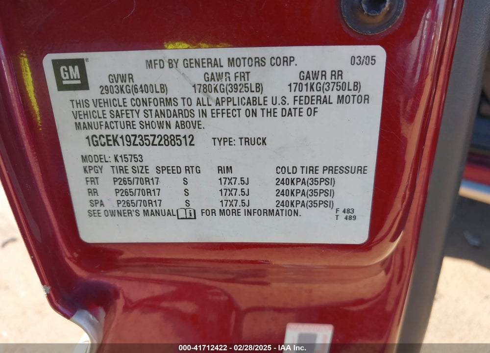 2005 CHEVROLET SILVERADO 1500 Z71 VIN: 1GCEK19Z35Z288512