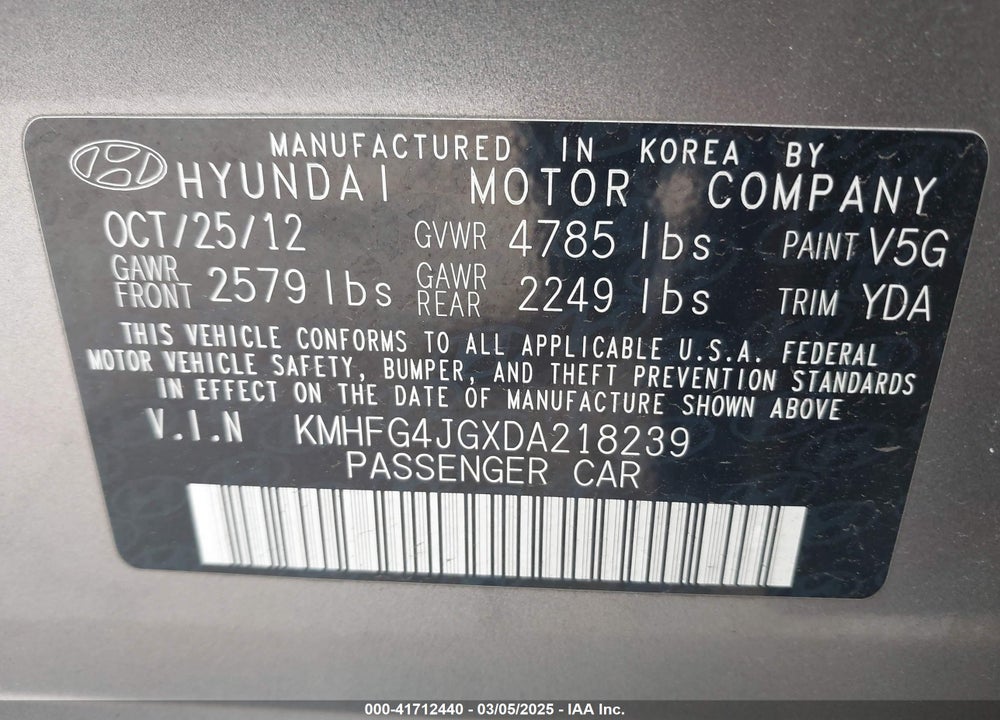 2013 HYUNDAI AZERA VIN: KMHFG4JGXDA218239