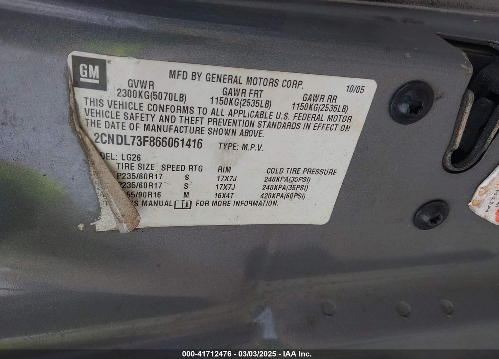 2006 CHEVROLET EQUINOX VIN: 2CNDL73F866061416