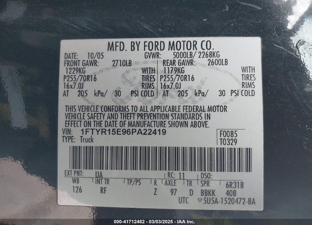 2006 FORD RANGER FX4 OFF-ROAD/SPORT/XL/XLT VIN: 1FTYR15E96PA22419