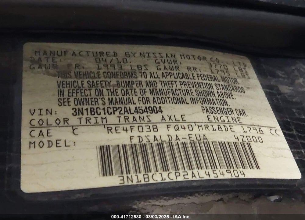 2010 NISSAN VERSA VIN: 3N1BC1CP2AL454904