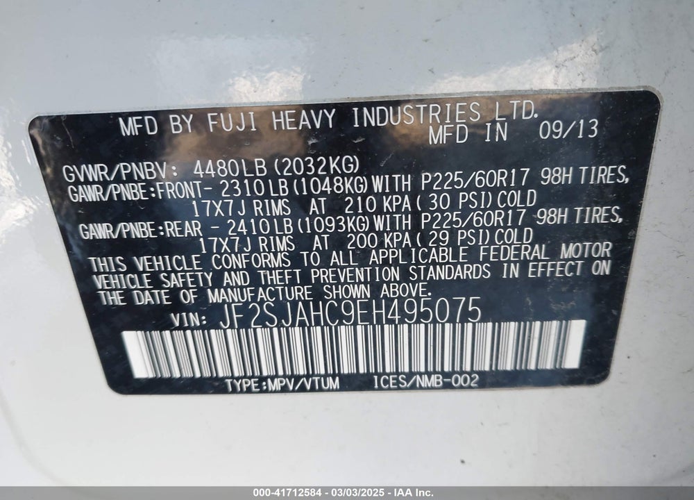 2014 SUBARU FORESTER VIN: JF2SJAHC9EH495075