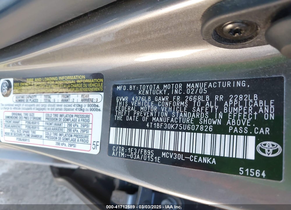 2005 TOYOTA CAMRY VIN: 4T1BF30K75U607826