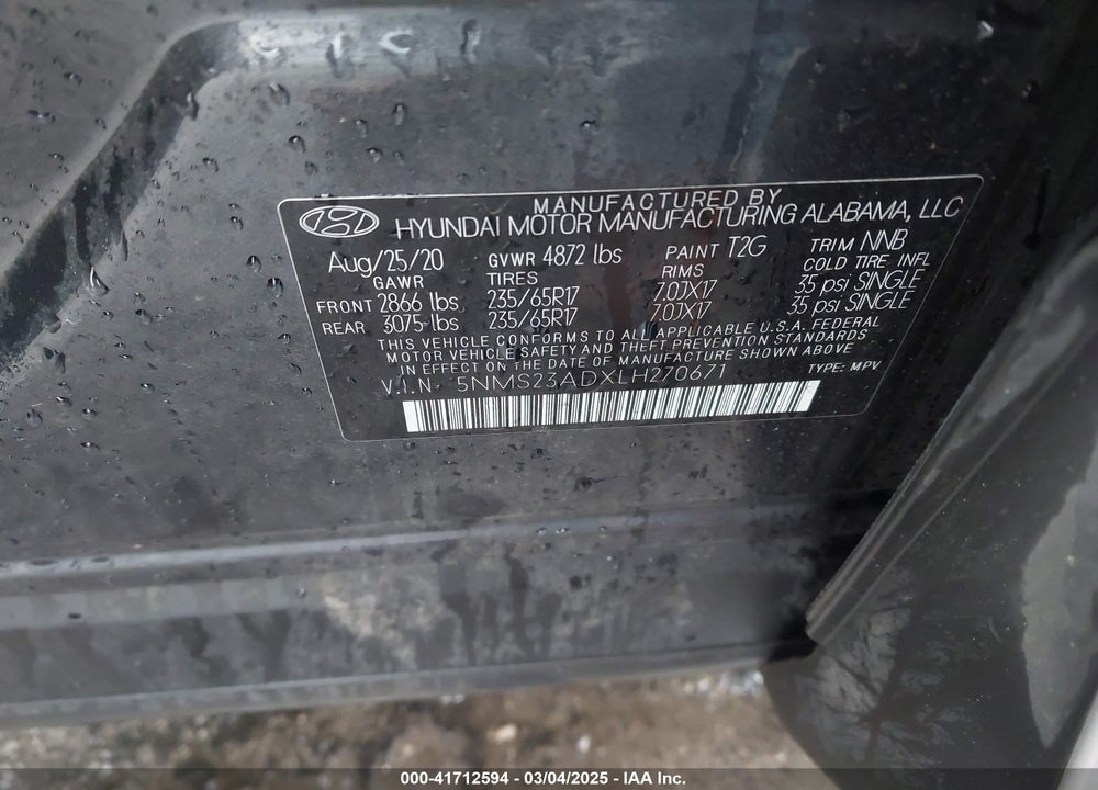 2020 HYUNDAI SANTA FE VIN: 5NMS23ADXLH270671