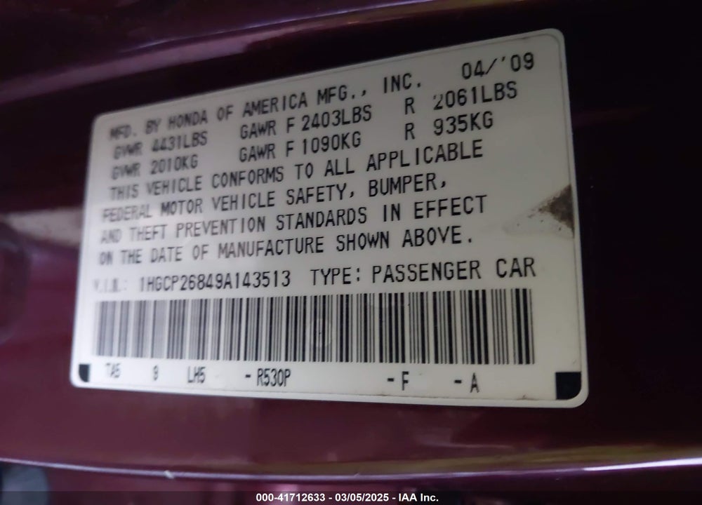 2009 HONDA ACCORD VIN: 1HGCP26849A143513