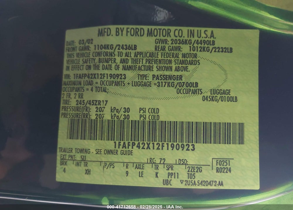 2002 FORD MUSTANG GT VIN: 1FAFP42X12F190923