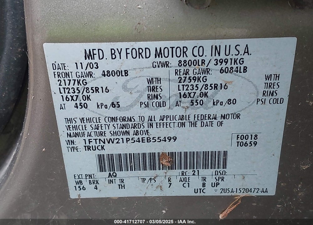 2004 FORD F250 SUPER DUTY VIN: 1FTNW21P54EB55499