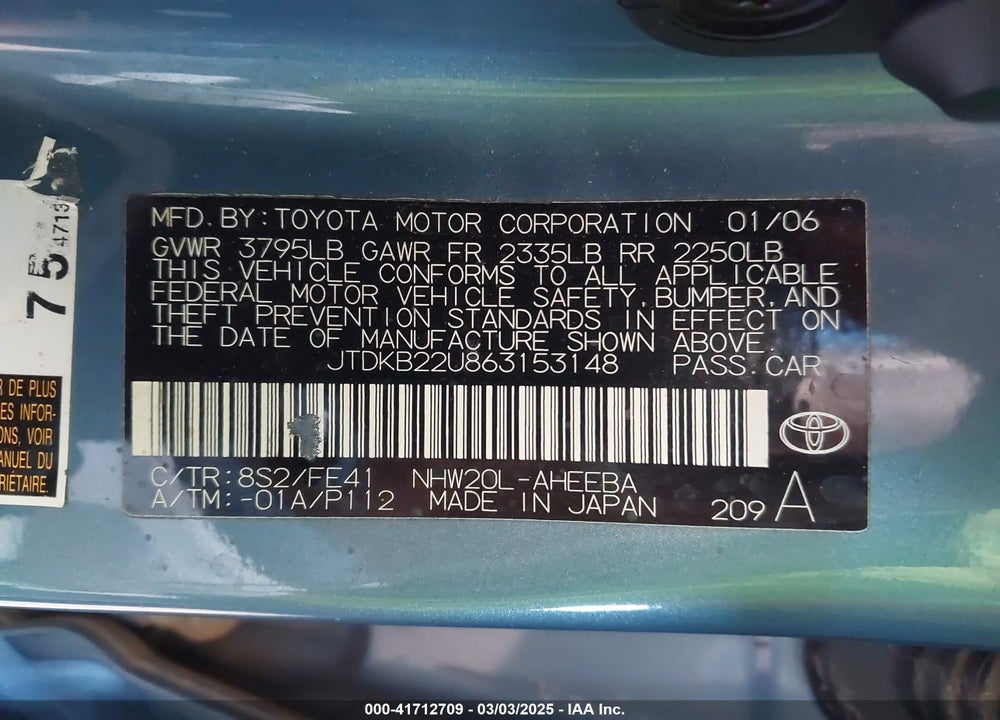 2006 TOYOTA PRIUS VIN: JTDKB22U863153148