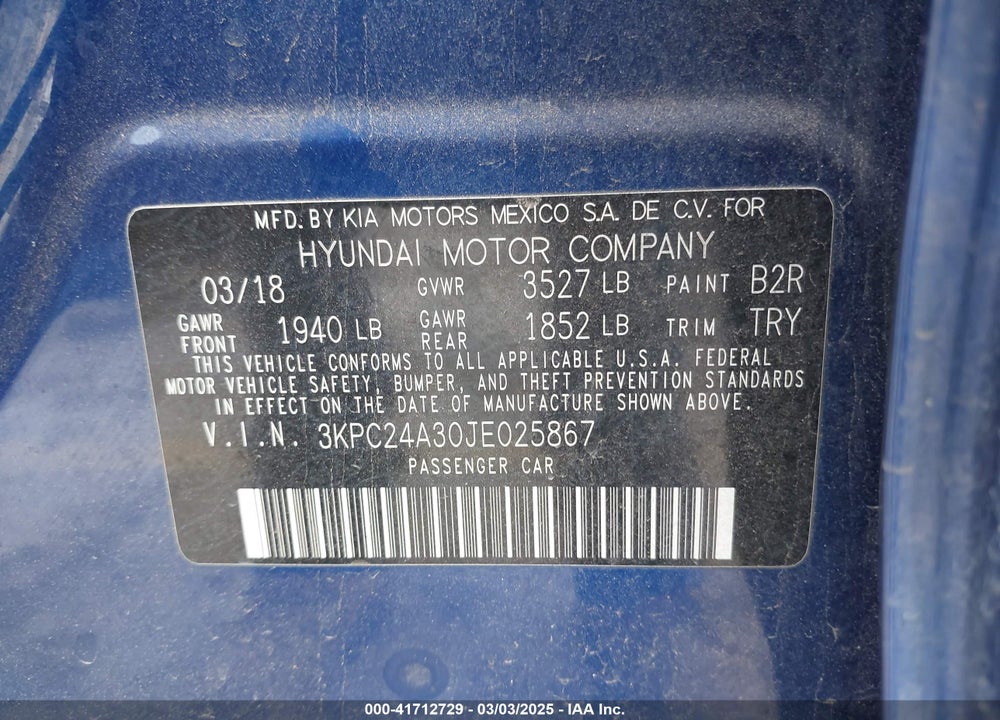 2018 HYUNDAI ACCENT VIN: 3KPC24A30JE025867