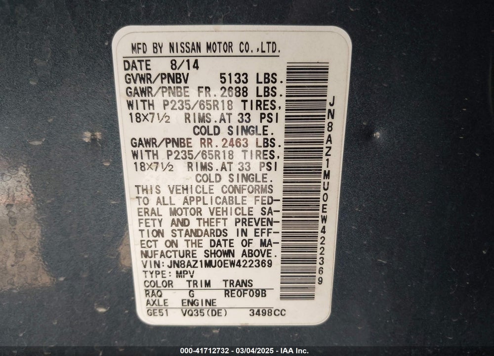 2014 NISSAN MURANO SV VIN: JN8AZ1MU0EW422369