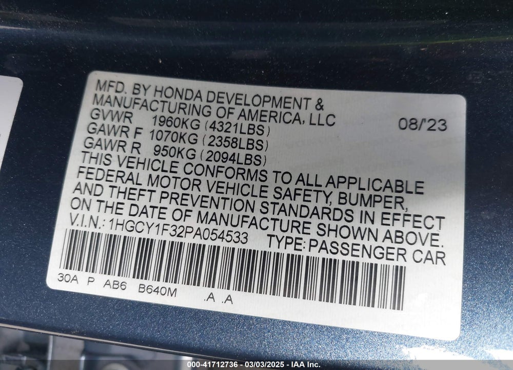 2023 HONDA ACCORD VIN: 1HGCY1F32PA054533