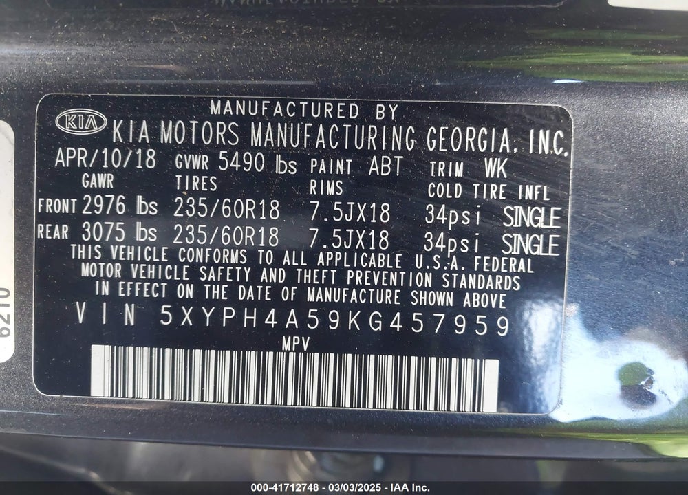 2019 KIA SORENTO VIN: 5XYPH4A59KG457959