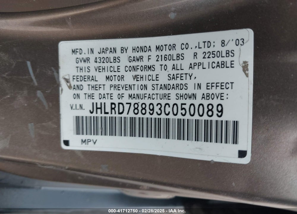 2003 HONDA CR-V VIN: JHLRD78893C050089