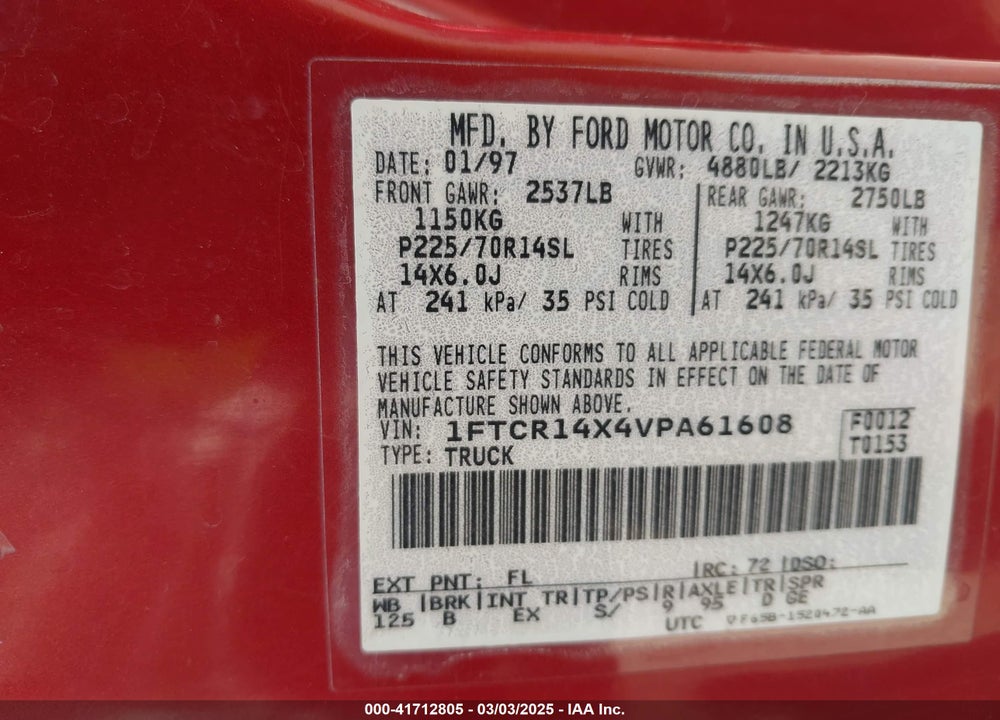 1997 FORD RANGER VIN: 1FTCR14X4VPA61608