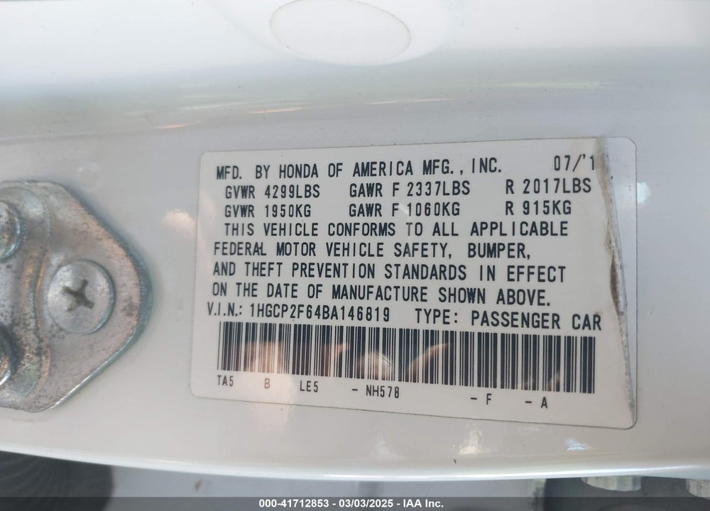 2011 HONDA ACCORD 2.4 SE VIN: 1HGCP2F64BA146819