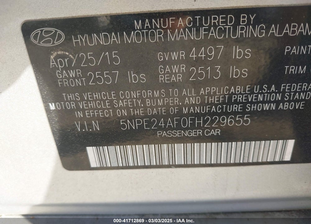 2015 HYUNDAI SONATA VIN: 5NPE24AF0FH229655
