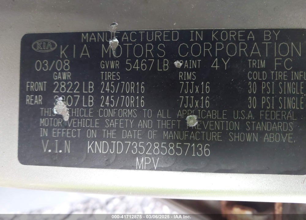 2008 KIA SORENTO LX BASE VIN: KNDJD735285857136