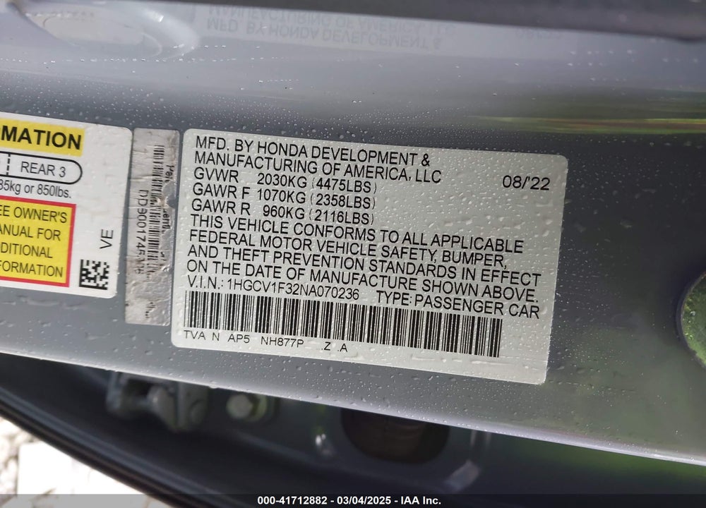 2022 HONDA ACCORD VIN: 1HGCV1F32NA070236