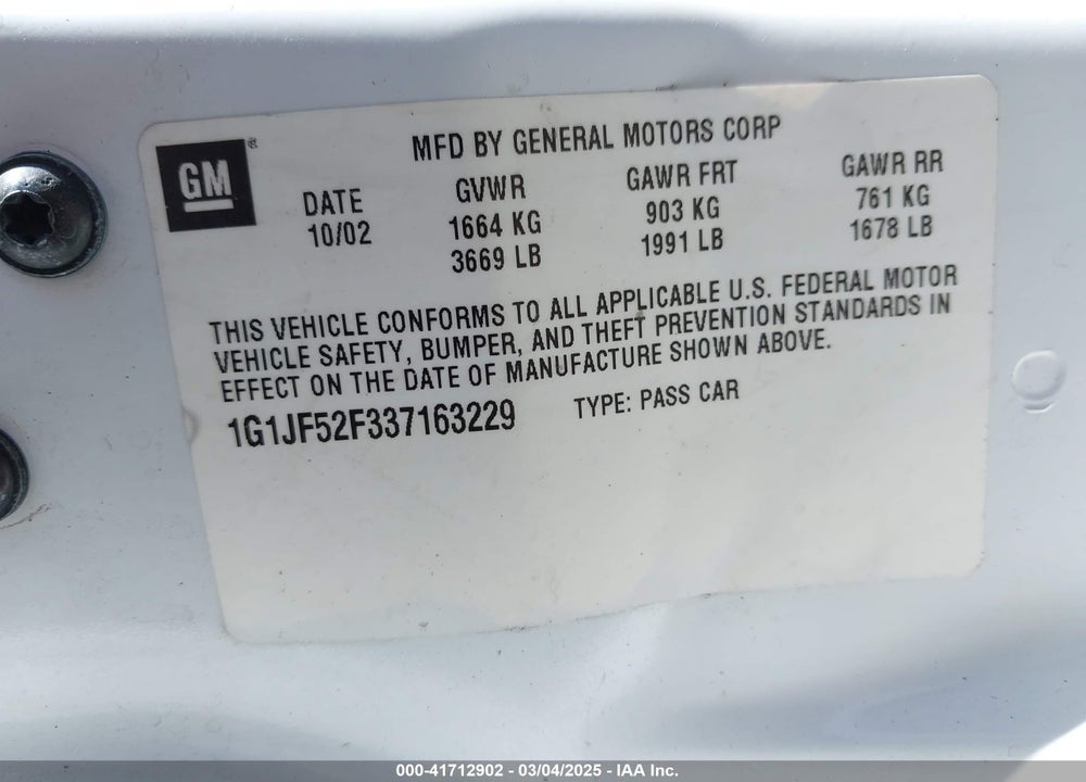 2003 CHEVROLET CAVALIER VIN: 1G1JF52F337163229