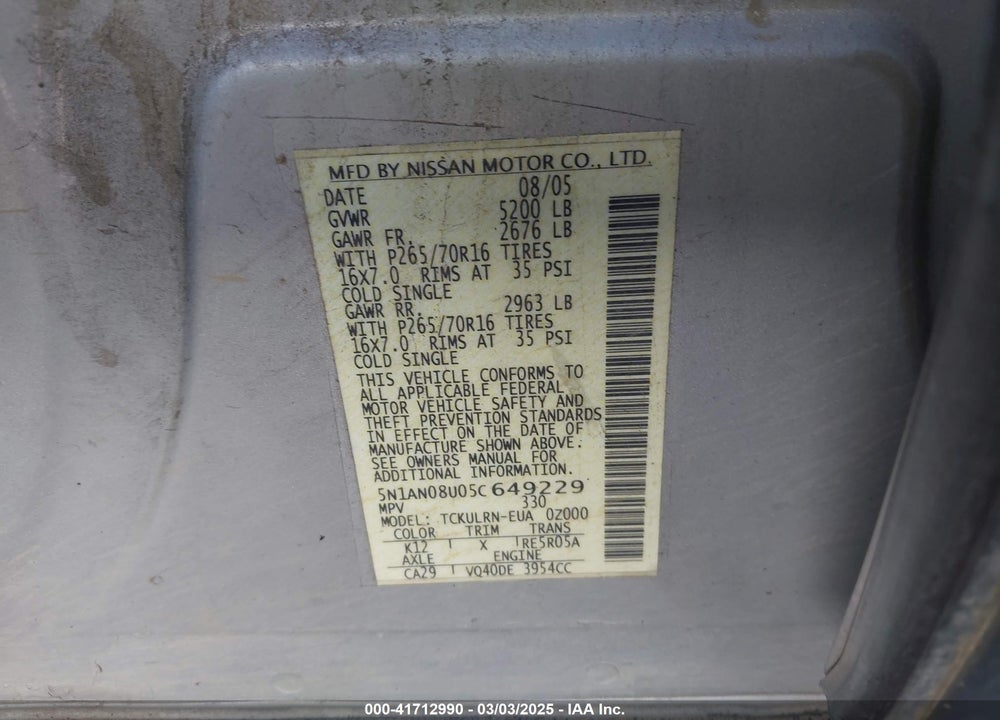 2005 NISSAN XTERRA S VIN: 5N1AN08U05C649229