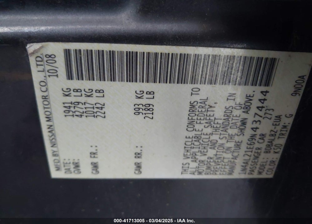 2009 NISSAN ALTIMA 2.5 S VIN: 1N4AL21E69N437444