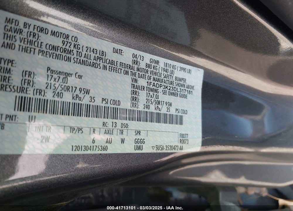 2013 FORD FOCUS VIN: 1FADP3K23DL317181