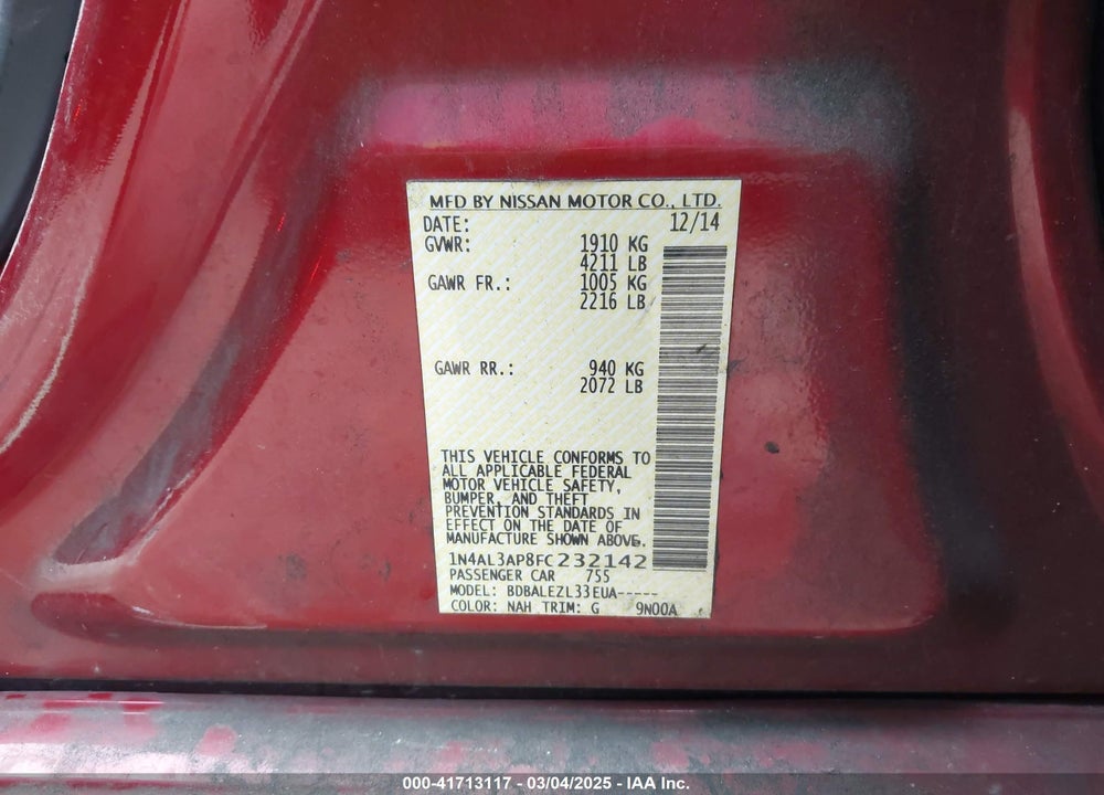 2015 NISSAN ALTIMA VIN: 1N4AL3AP8FC232142
