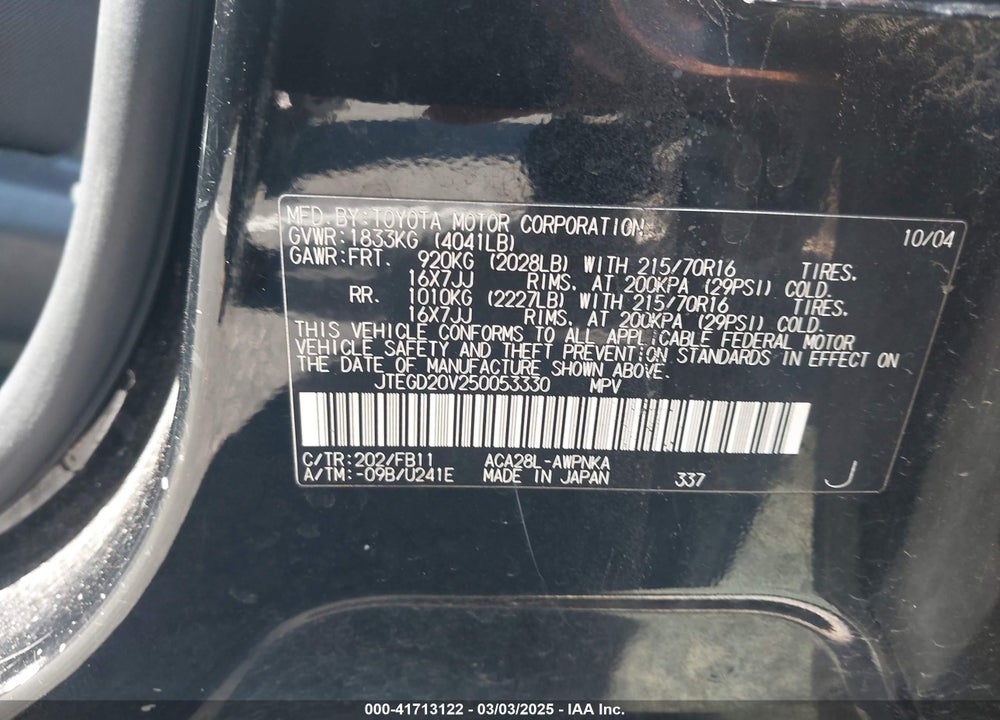 2005 TOYOTA RAV4 VIN: JTEGD20V250053330