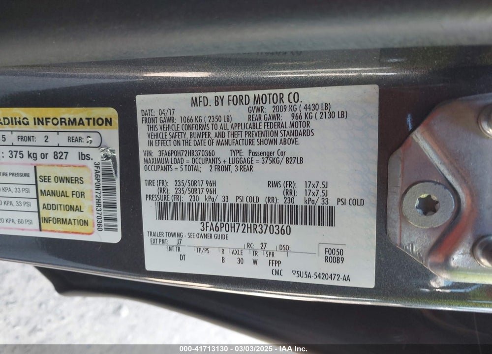 2017 FORD FUSION SE VIN: 3FA6P0H72HR370360