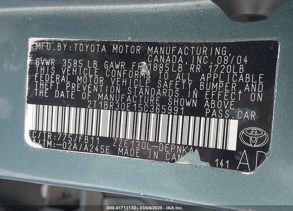 2005 TOYOTA COROLLA LE VIN: 2T1BR30E15C365991
