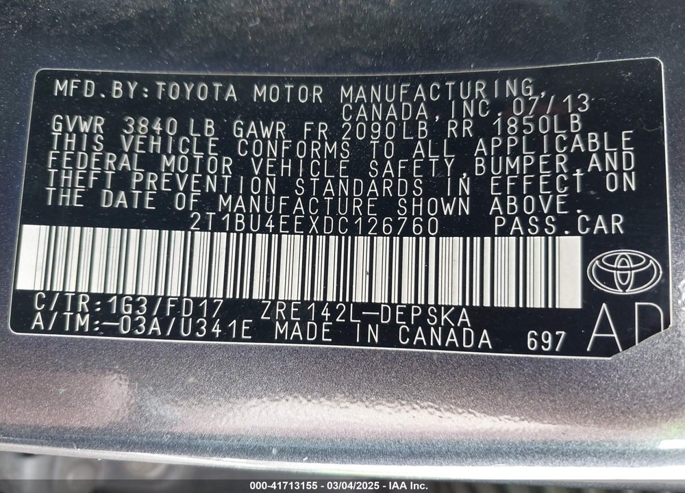 2013 TOYOTA COROLLA VIN: 2T1BU4EEXDC126760