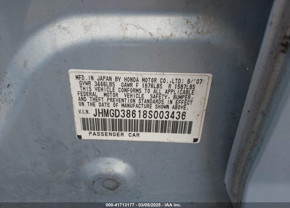2008 HONDA FIT VIN: JHMGD38618S003436