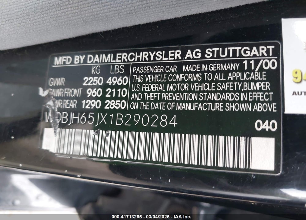 2001 MERCEDES-BENZ E 320 VIN: WDBJH65JX1B290284