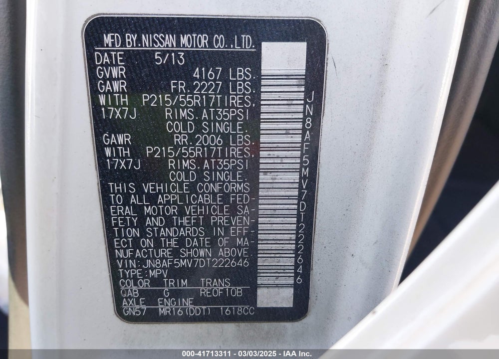 2013 NISSAN JUKE VIN: JN8AF5MV7DT222646