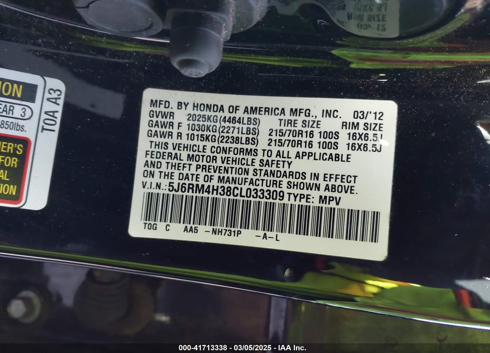 2012 HONDA CR-V LX VIN: 5J6RM4H38CL033309