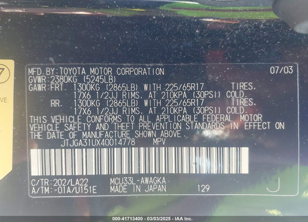 2004 LEXUS RX 330 VIN: JTJGA31UX40014778