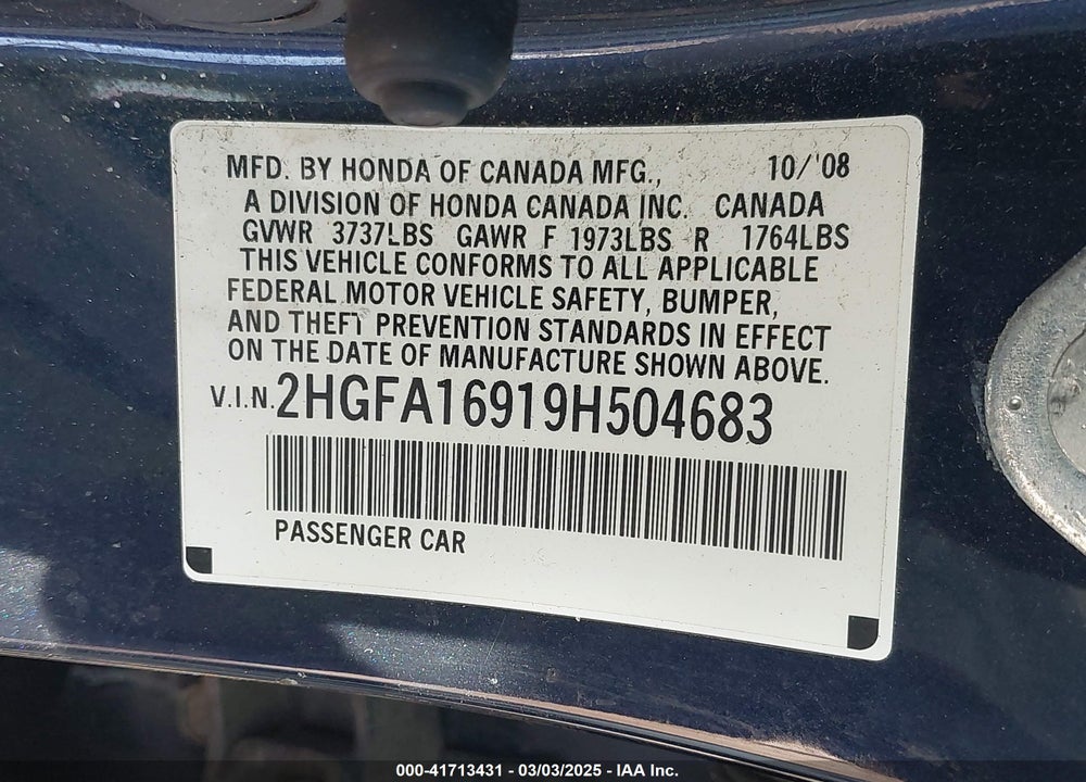 2009 HONDA CIVIC VIN: 2HGFA16919H504683