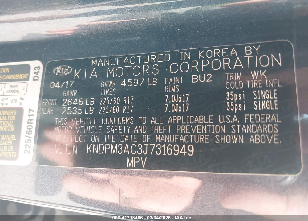 2018 KIA SPORTAGE VIN: KNDPM3AC3J7316949